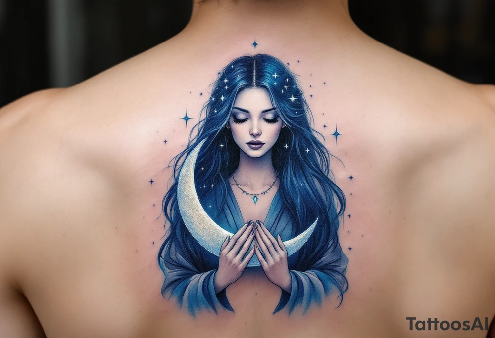 Moon Goddess – A pale-skinned woman in indigo robes, cradling a crescent moon in glowing silver, with dark blue stars across her long hair. tattoo idea