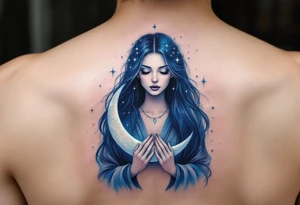 Moon Goddess – A pale-skinned woman in indigo robes, cradling a crescent moon in glowing silver, with dark blue stars across her long hair. tattoo idea