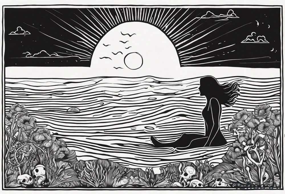 In a rectangle: woman underwater reaching up to the sky towards the sun. Under the water there is a layer of earth with Skeletons underground. “Momento Mori” written on the bottom of the rectangle and “Momento Vivere” written on the top of the rectangle tattoo idea