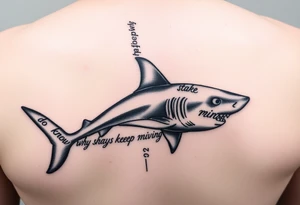 Shark on spine with words “do you know why sharks keep moving” tattoo idea