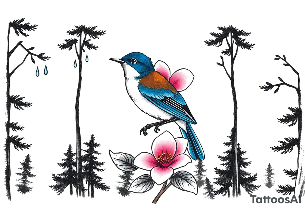 forest trees background
blue rain drops
pink camelia flower
blue and brown wren bird tattoo idea