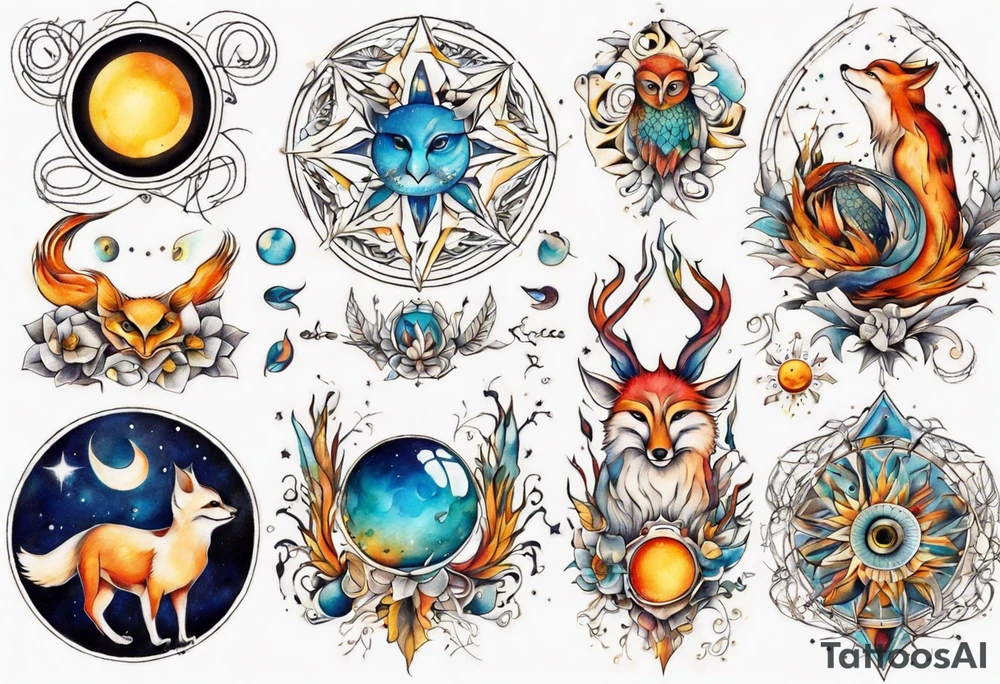 fisch, fuchs und eule , symetrie  sonne, universum, bunt, " sapere aude" tattoo idea
