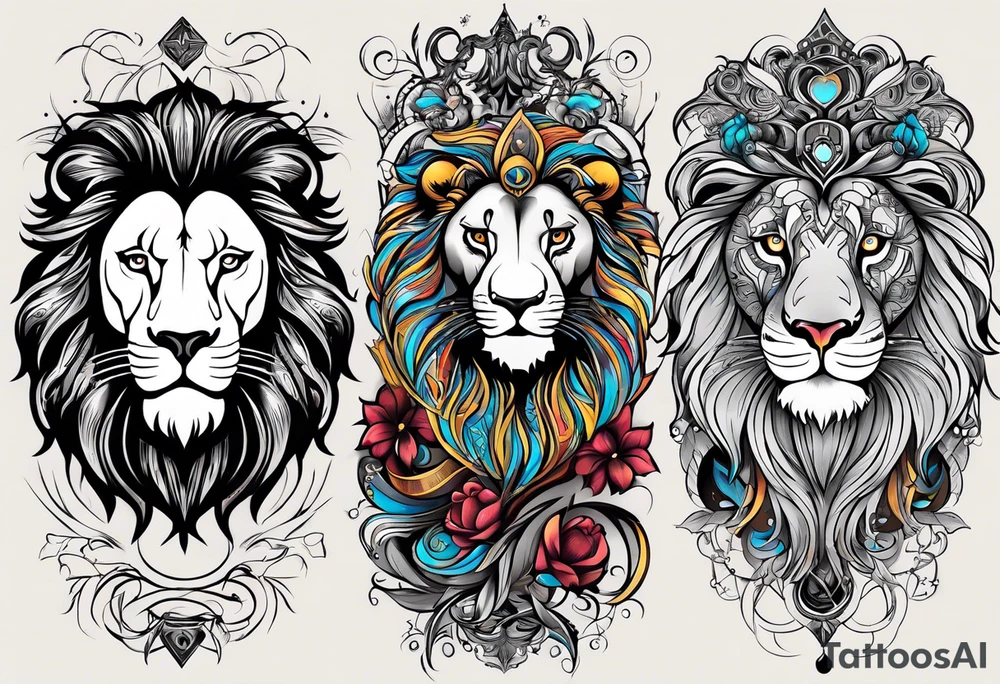 A powerful lion, Leo and a powerful Virgo, the balance between the two from Young to old whole sleeve very happy, very mysterious very dark, but cheerful at the same time tattoo idea