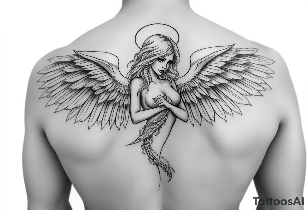 make a tatto of a female angel full body without clothes please. tattoo idea