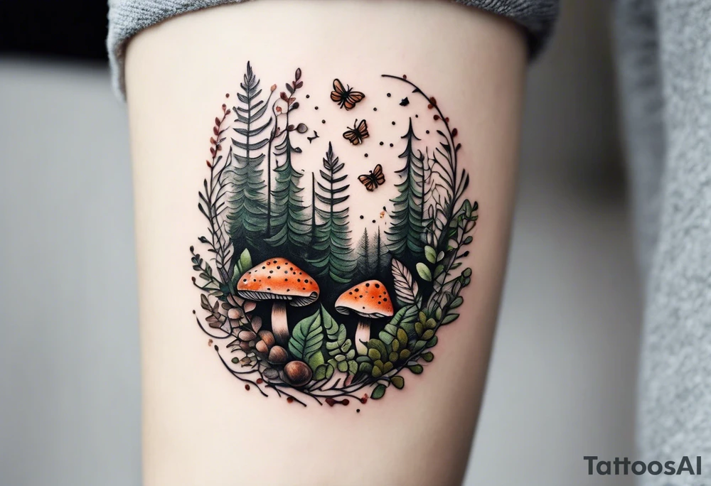 minimalistic forest floor inspired tattoo, which includes grass, moss, curly ferns and dead leaves as the bulk of the tattoo. details to include: forest berries, couple of very small brown mushrooms, a tiny bumblebee flying nearby tattoo idea