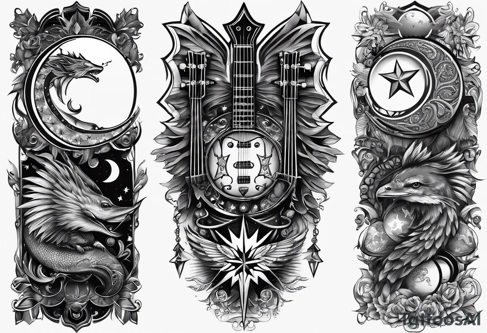 Collage for full left arm sleeve with:
2 stars, 
1 quarter moon, 
a bass guitar, 
a caduceus symbol tattoo idea