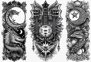 Collage for full left arm sleeve with:
2 stars, 
1 quarter moon, 
a bass guitar, 
a caduceus symbol tattoo idea