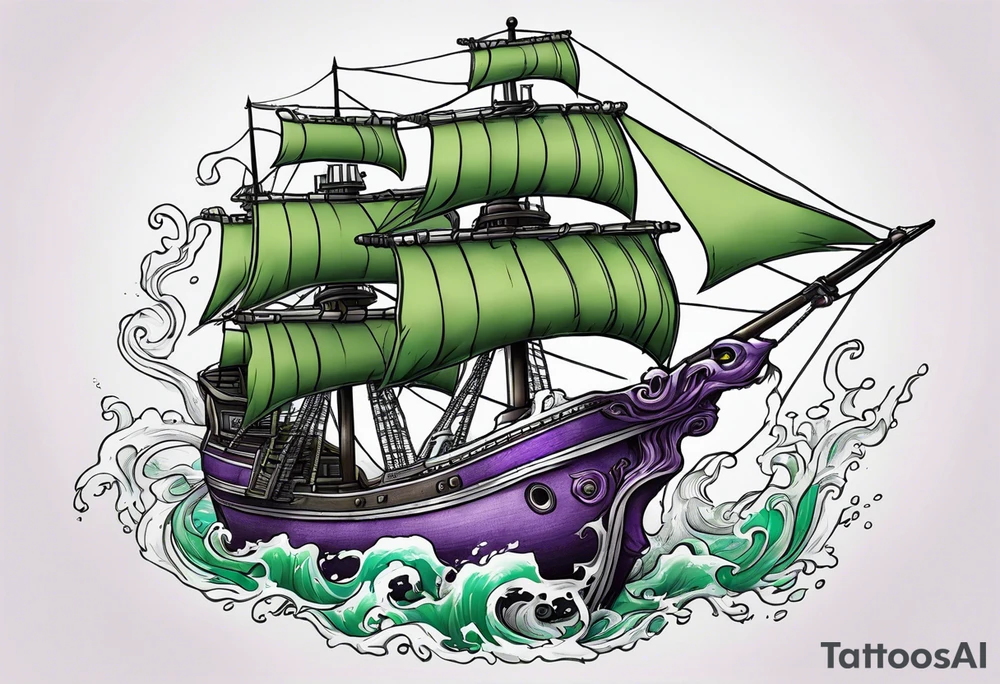 Purple and green squid  breaking brown ship tattoo idea