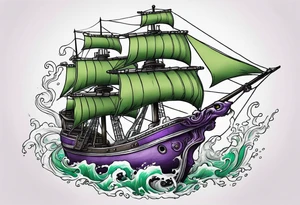 Purple and green squid  breaking brown ship tattoo idea