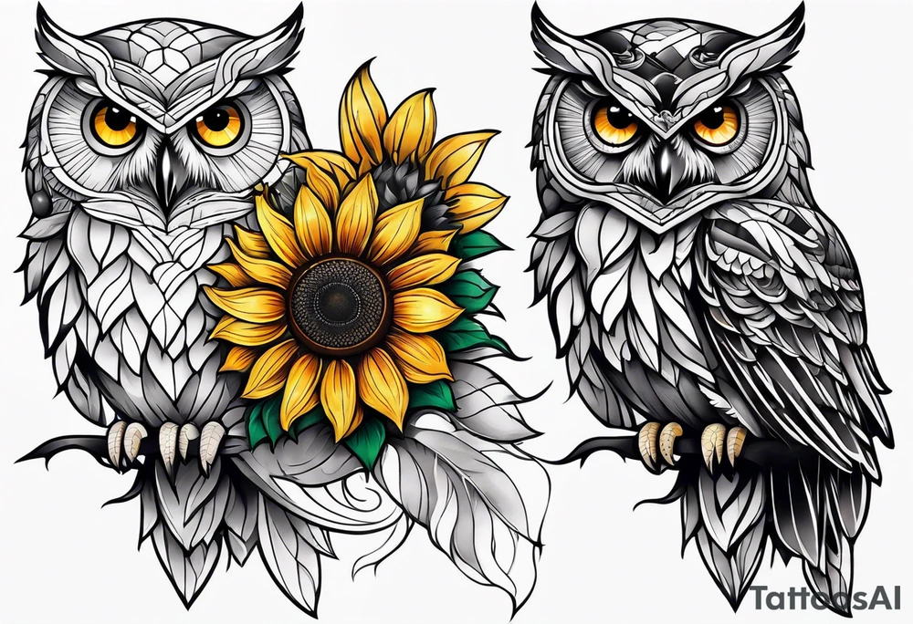 Owl and sunflower sleeve tattoo idea