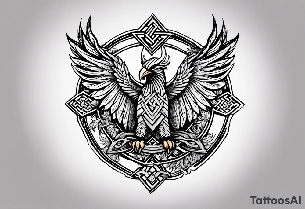 Viking design tattoo to go down the upper arm, so long and thin.
 Vegvisir on top of an existing phoenix tattoo with its wings outstretched, below it a Viking valknut symbol intertwined beneath it a tree if life design tattoo idea