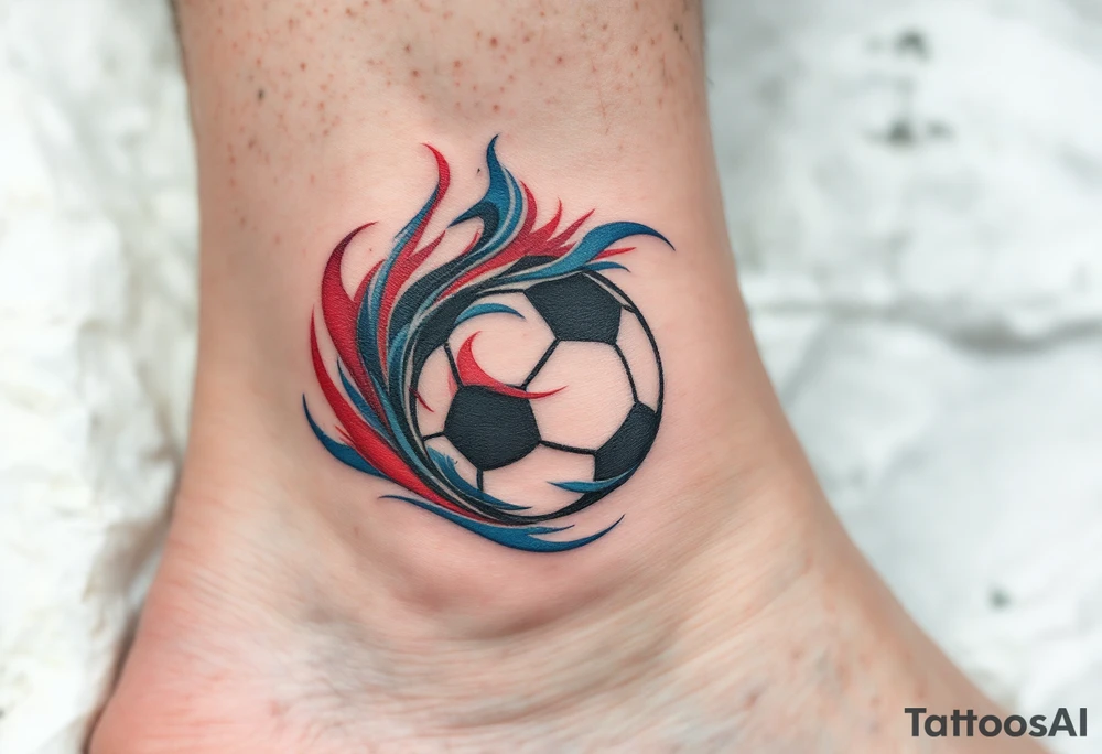 A tribal black soccer ball with intricate red and blue swirls around it. tattoo idea