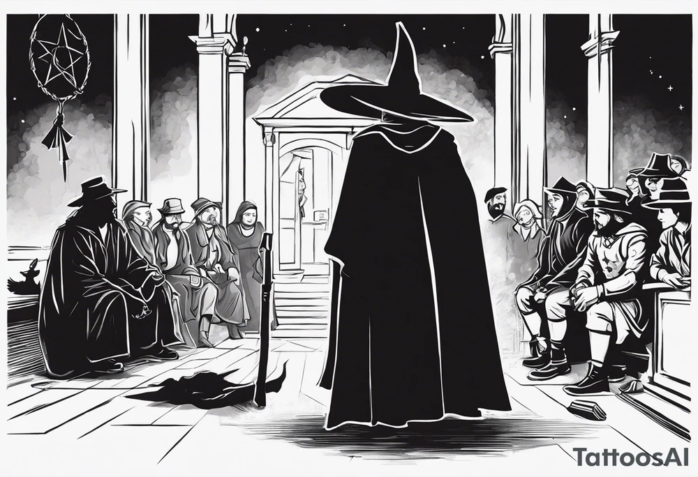 The accusation of a witch in the Salem trials. An otherwise quiet member of the community is accosted by a crowd, perhaps with a member of the clergy and a soldier of some kind present to take them into custody. tattoo idea