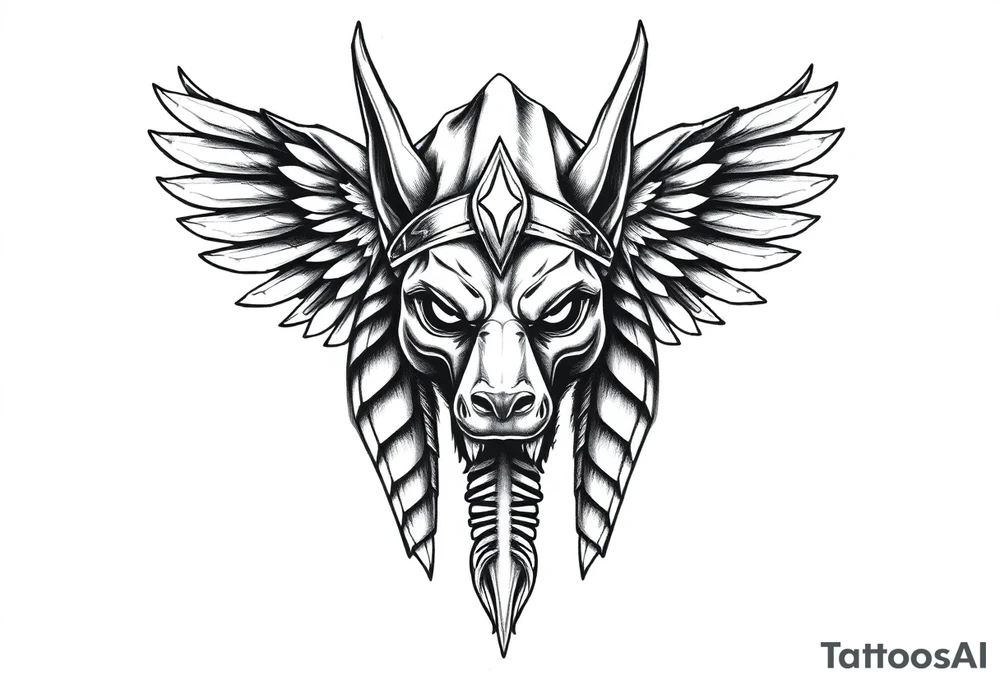 powerful majestic muscle anubis Egyptian god face without eyes with mantle on head tattoo idea