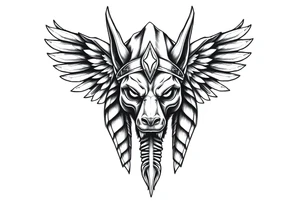 powerful majestic muscle anubis Egyptian god face without eyes with mantle on head tattoo idea