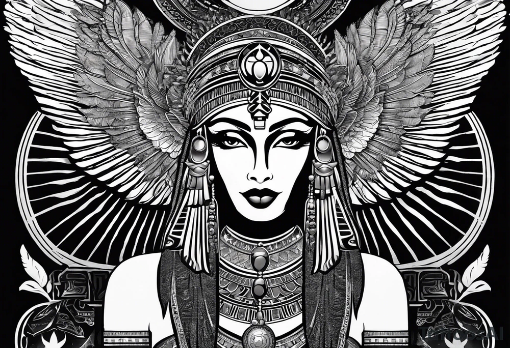 black and white Egyptian goddess Isis, who is often depicted as a woman with outstretched wings, holding an ankh (a symbol of life) in one hand and a lotus flower in the other. Her headdress often includes a throne or a solar disk. The tattoo design can vary in style and size, but it typically aims to capture the essence of this revered Egyptian deity, emphasizing her beauty, power, and maternal qualities. The choice of colors and additional elements can also be customized to create a unique and visually striking representation of the goddess Isis tattoo idea