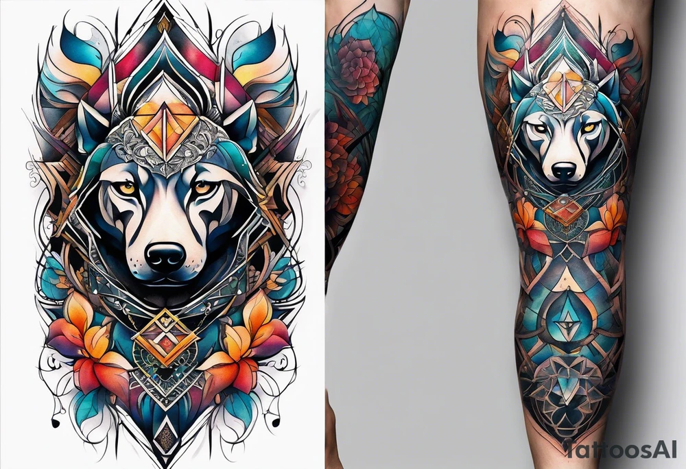 front knee tattoo with sacred geometry, swirls & washes, background tattoo idea