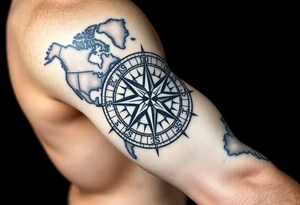 antique compass rose overlaid on weathered world map with sailing ships tattoo idea