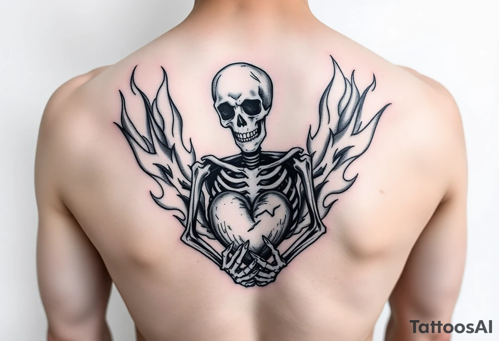 Skeleton in agony, heart broken, surrounded by flames tattoo idea