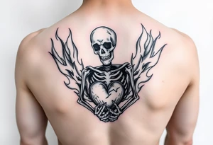 Skeleton in agony, heart broken, surrounded by flames tattoo idea