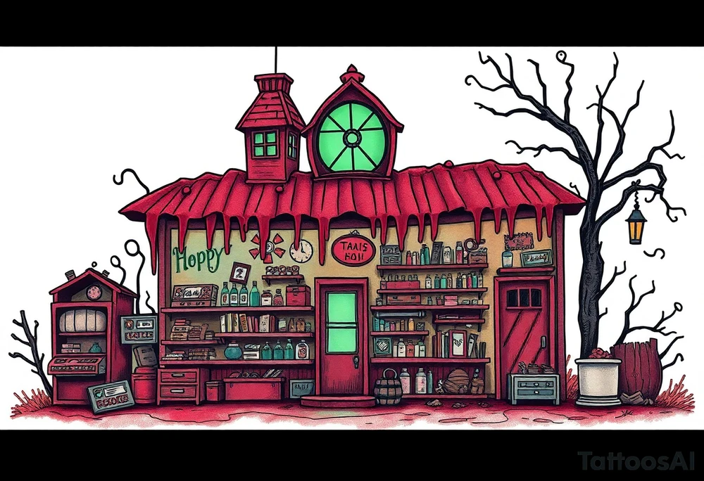 Tim Burton’s hobby shop from outside viewis abandoned and dripping with muted reds, dusty pinks, and eerie green glow. tattoo idea tattoo idea