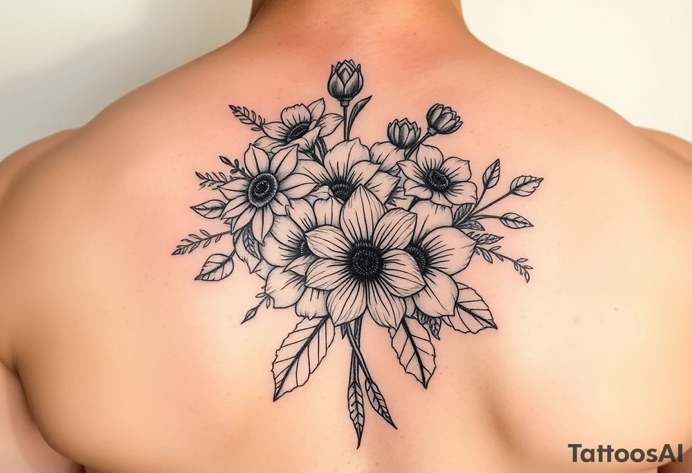 A bouquet of birth flowers for the months of January , February,  March, April,  May, June, August tattoo idea