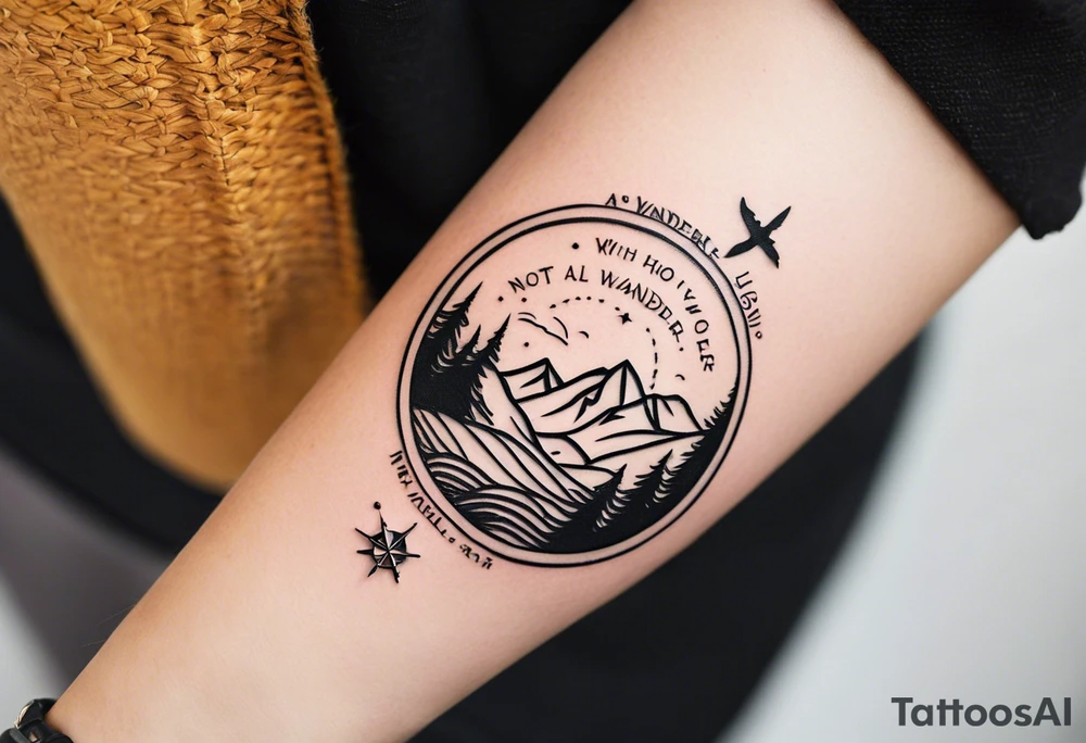 A half sleeve tattoo that features the quote **"Not all who wander are lost"** in elegant script on the outer forearm. Surrounding it are a compass rose and flowing elements like mountains, waves, and trees, symbolizing adventure and nature. Small travel icons like a plane and backpack are interspersed, enhancing the theme of exploration. The design uses a dynamic look that wraps naturally around your forearm. tattoo idea