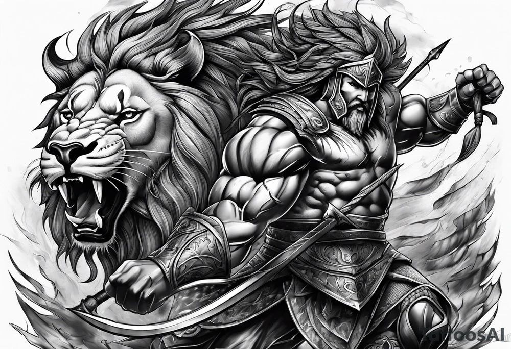 Spartan lion battle scene tattoo idea