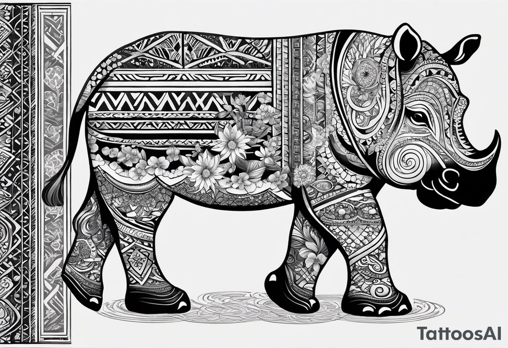 A foot long 2.5inches wide tattoo, containing a detailed hippo headwith tribal patterns in the middle, a full moon on the upper side, and some wintersweet flowwer on the bottom side, these three components are connected with arches, lines, little geometric patterns, the lines will ne fine and narrow tattoo idea