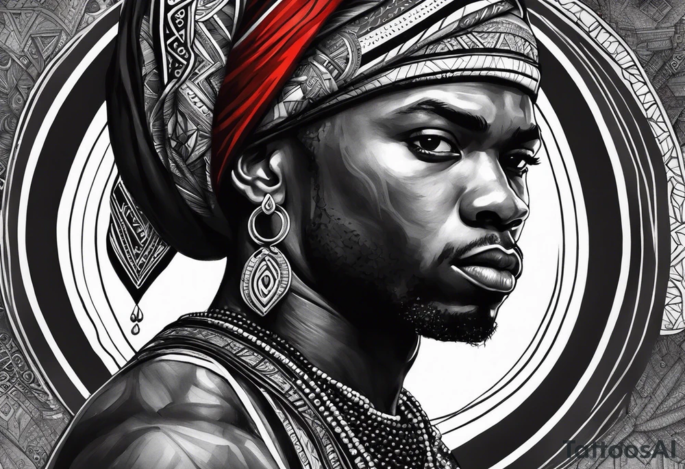 homem divindade africano realista em preto e cinza com os olhos brancos e fundo com tons de vermelho usando na mão um falo com cabaças penduradas tattoo idea