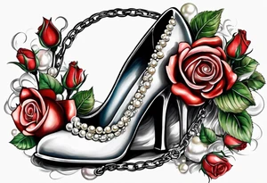 Pearl necklace wrapped around 1950s pinup pumps with roses surrounding tattoo idea