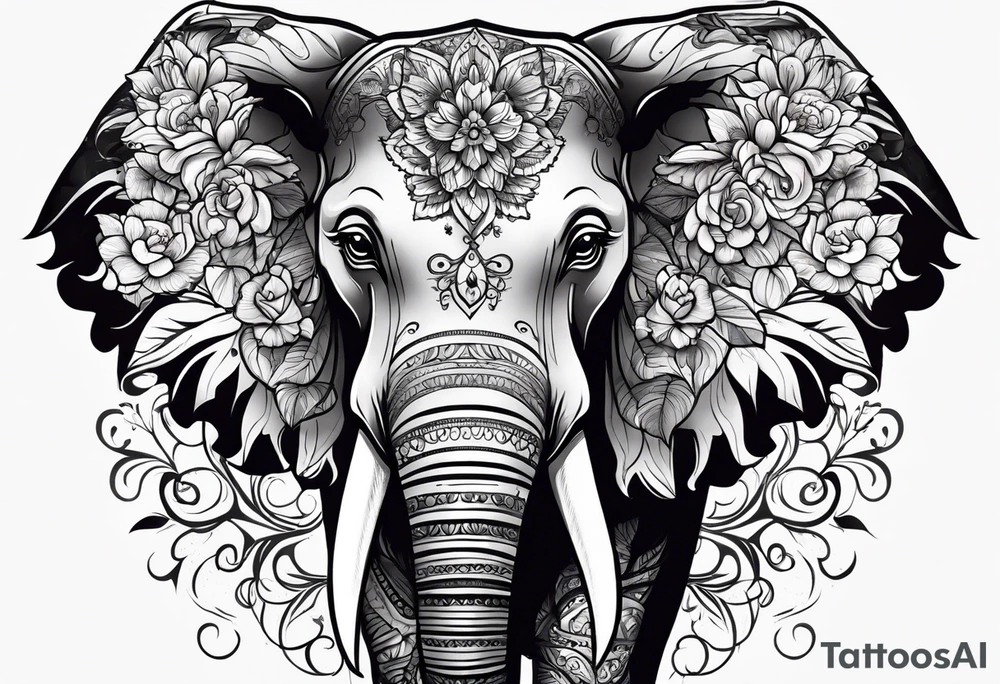 elephant face with flowers tattoo idea