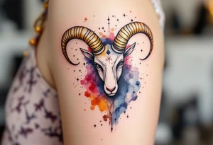 A watercolor-style Aries constellation blends shades of crimson, gold, and indigo to reflect the zodiac's passionate energy. tattoo idea