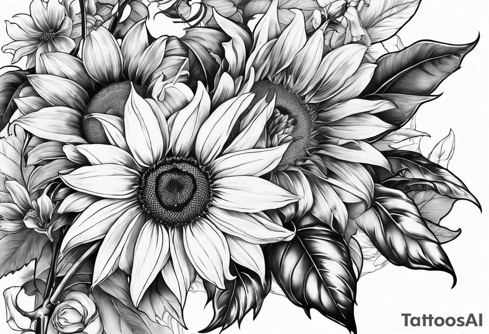 Sunflower, Rose and Lily tattoo idea