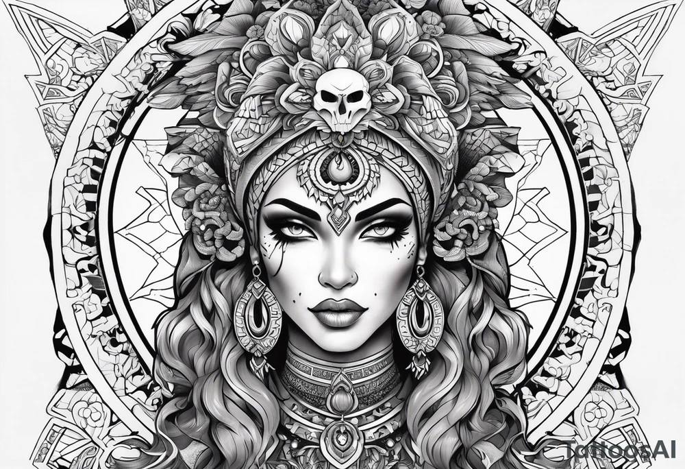 kali ma, alien goddess, valkrye, pirate, divine feminine, zenza resonance, pachamama, lotus azul, blank panther, eagle, skull, 5D, nueva gaya, dna 12 tattoo idea
