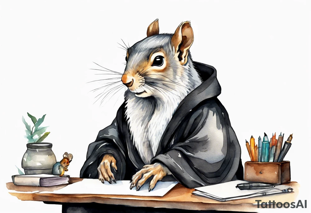 an elderly grey squirrel with a long beard wearing a black robe witting at a desk tattoo idea