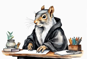 an elderly grey squirrel with a long beard wearing a black robe witting at a desk tattoo idea