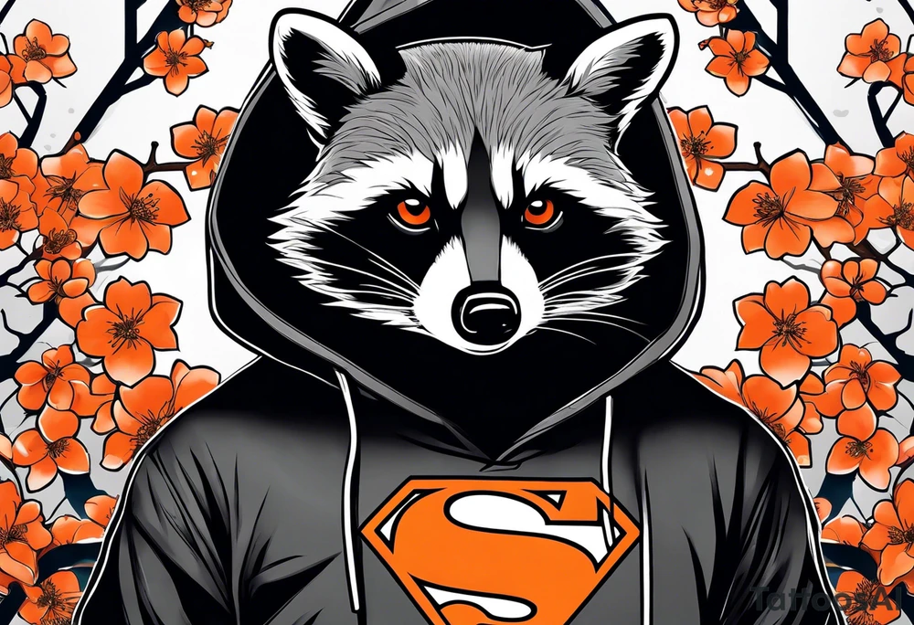 Raccoon wearing a white Superman logo on a black hoodie and orange Japanese cherry blossoms beside tattoo idea