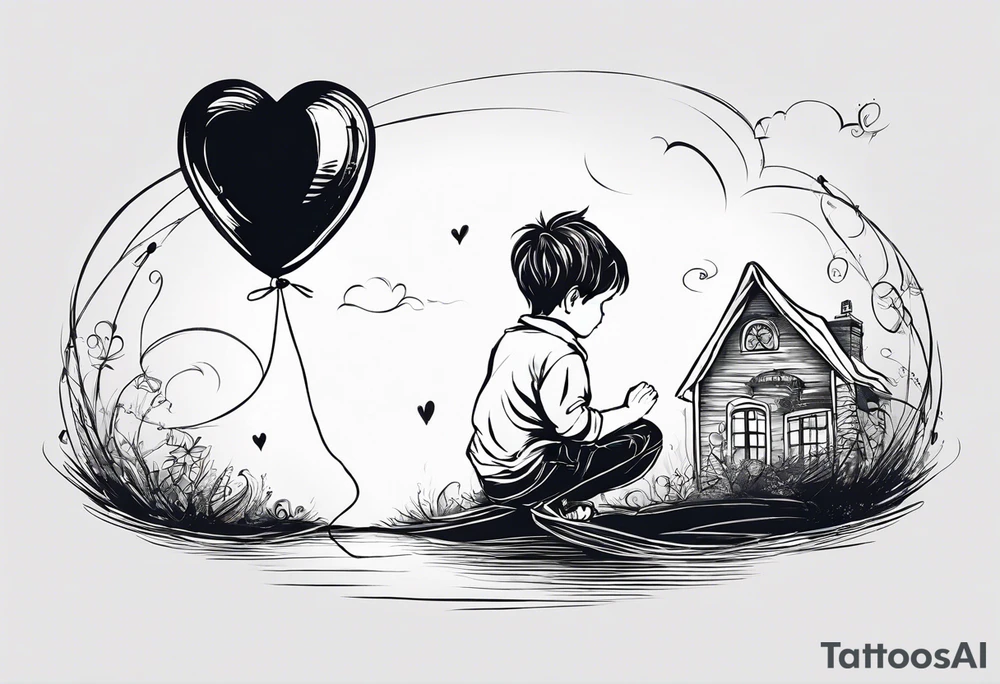 tatoo in sketch style only.
A little boy is holding a string to the hearth shaped small party baloon.
boy should be drawed from behind and has one hand reaching up in 45 degree angle and holding the baloon string
On the string is a wave which look like a hearbeat pulse.
draw it without any scenery, without any background. Just a boy 
Add heartbeat pulse on the string tattoo idea