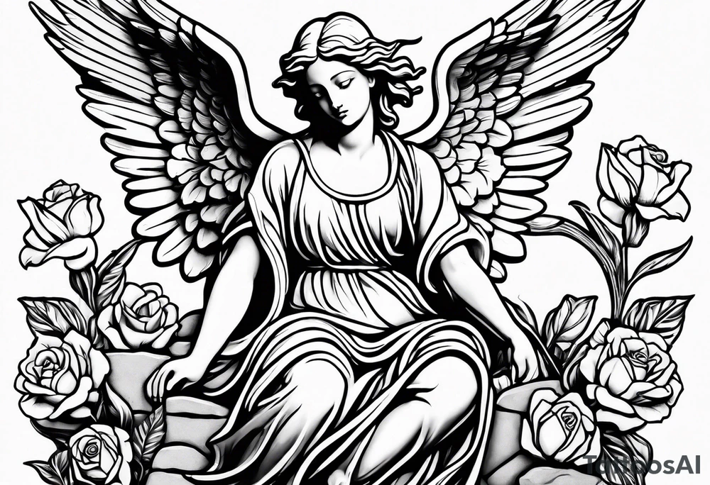 Simple Angel statue stood on a rock with daffodils and roses wrapped around its legs tattoo idea