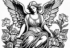 Simple Angel statue stood on a rock with daffodils and roses wrapped around its legs tattoo idea