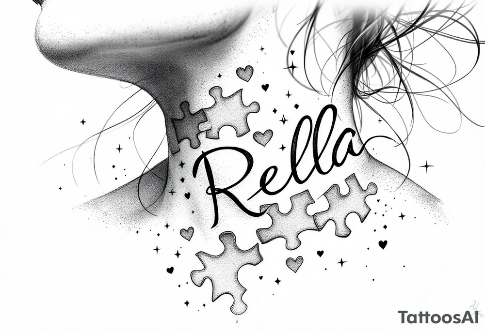 Puzzle piece neck tattoo where one of the pieces says Rella with an heart tattoo idea