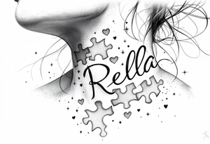 Puzzle piece neck tattoo where one of the pieces says Rella with an heart tattoo idea