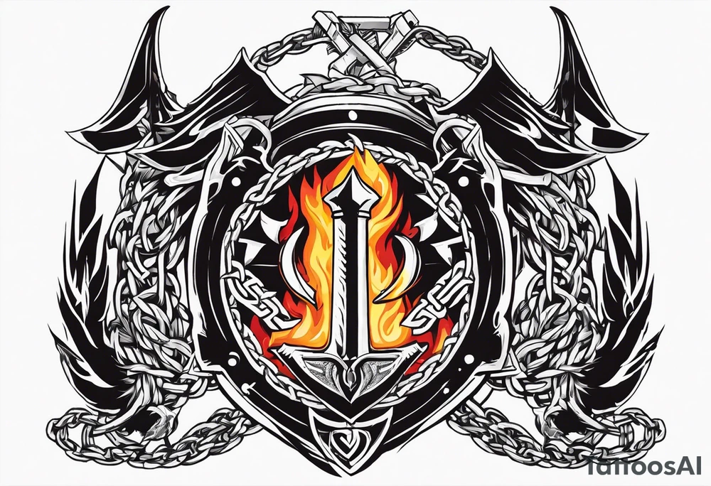 Valhalla sword shield dragon axe Valknut barbed wire chains fire tattoo idea Valhalla sword shield dragon axe Valknut barbed wire chains fire tattoo idea
