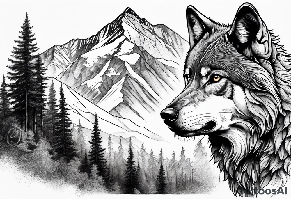 Mountains, wolf in it tattoo idea