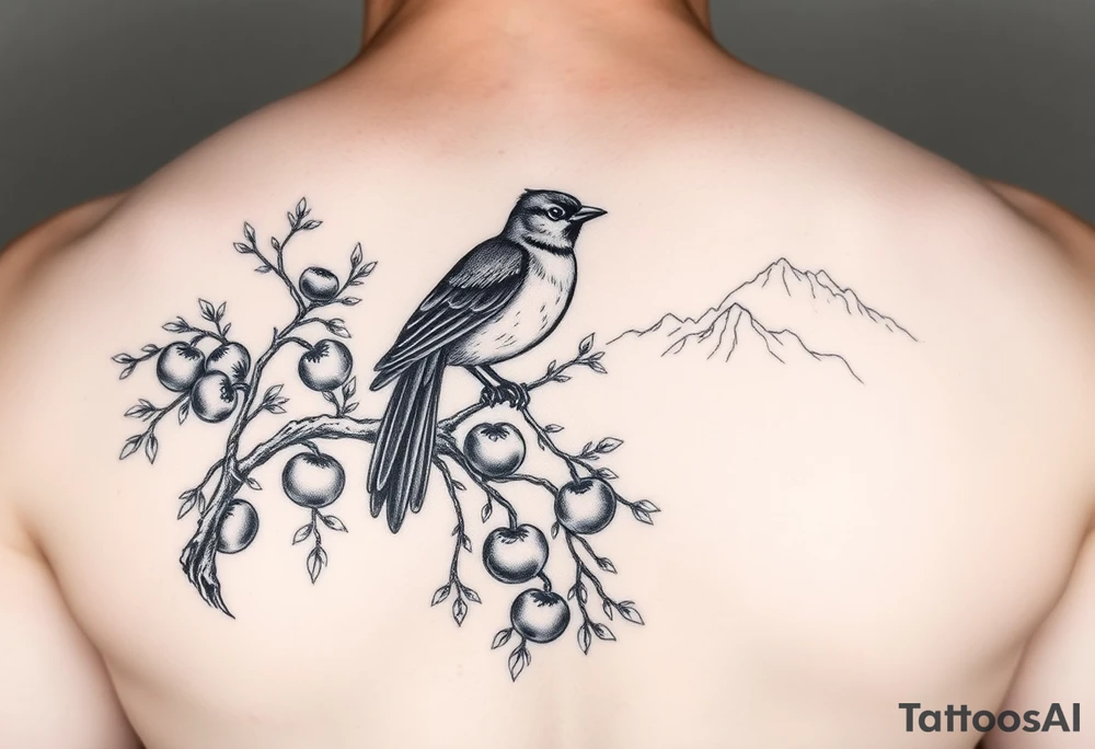 bird on persimmon tree with lots of branches and fruits with mountains in background tattoo idea