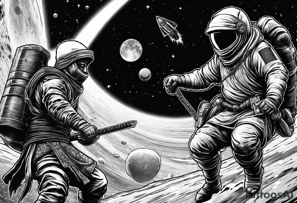 samura versus ninja, in space, with rocket tattoo idea