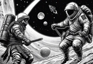 samura versus ninja, in space, with rocket tattoo idea