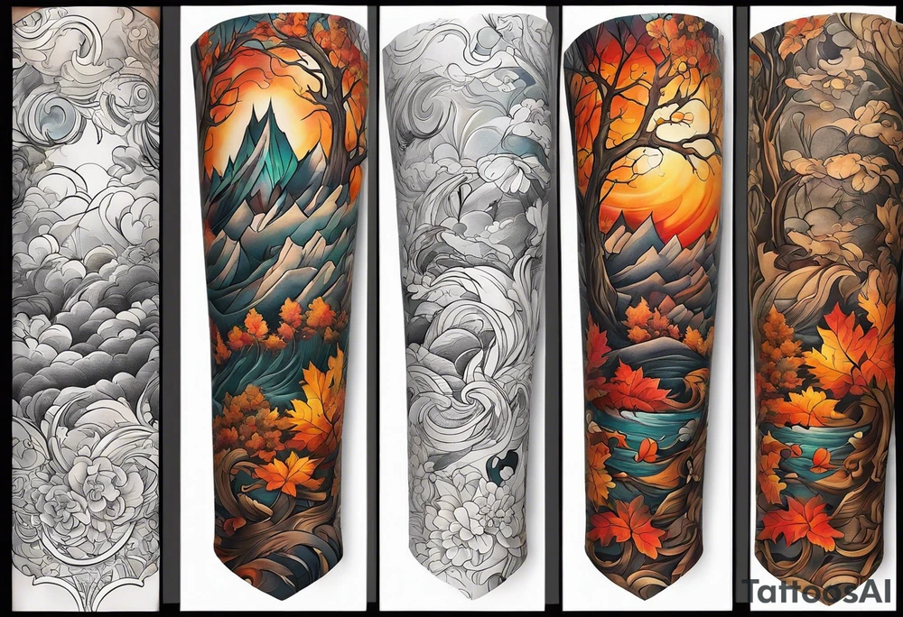 Arm Sleeve Tattoo with fall colors flat tattoo idea