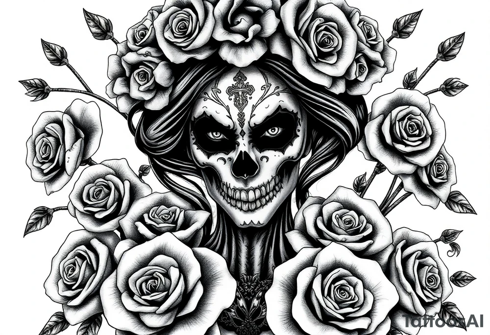 Powerful and evil day of the dead female,  surrounded by unclaimed souls and roses tattoo idea